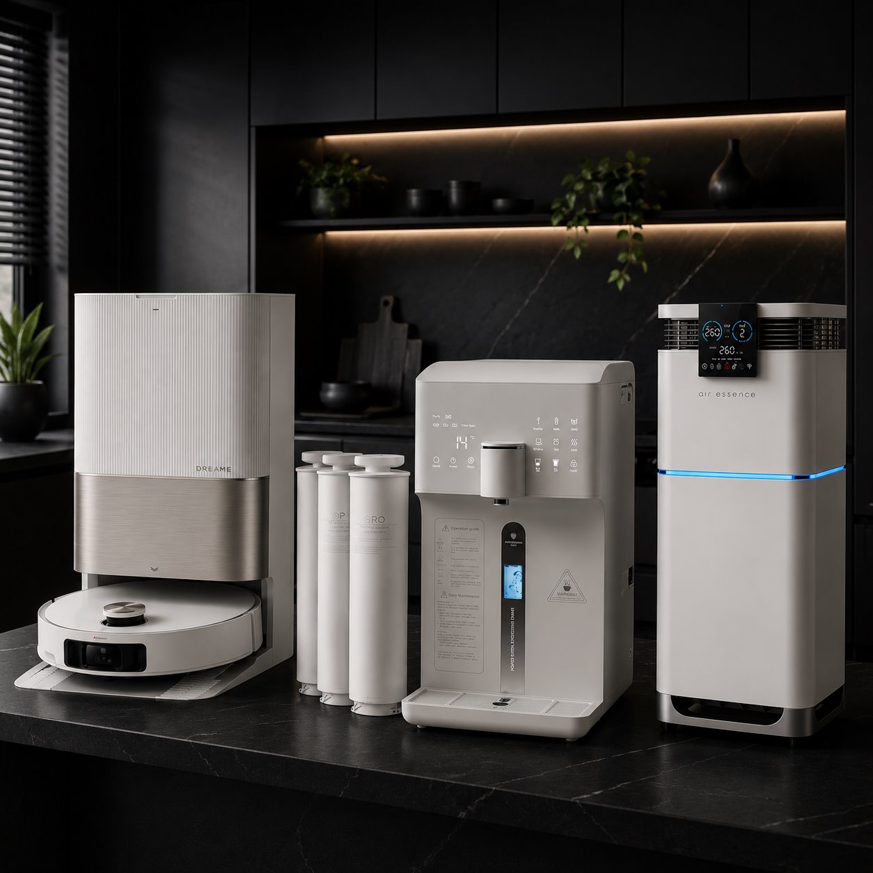 Nowoczesny sprzęt AGD Perfect-Cook w aranżacji kuchni — robot sprzątający, filtr do wody, oczyszczacz powietrza